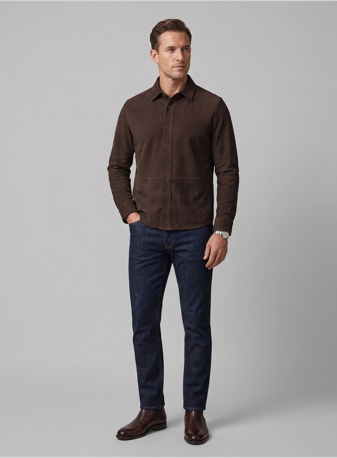Mens Dark Brown Suede Leather Shirt Jacket Casual Shacket Slim Fit Overshirt New