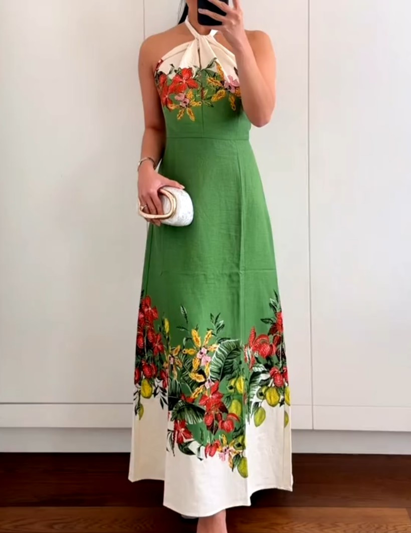 NWT H&M Linen-blend Halterneck Dress Green/flowers 1329753001 Sizes S, M, L