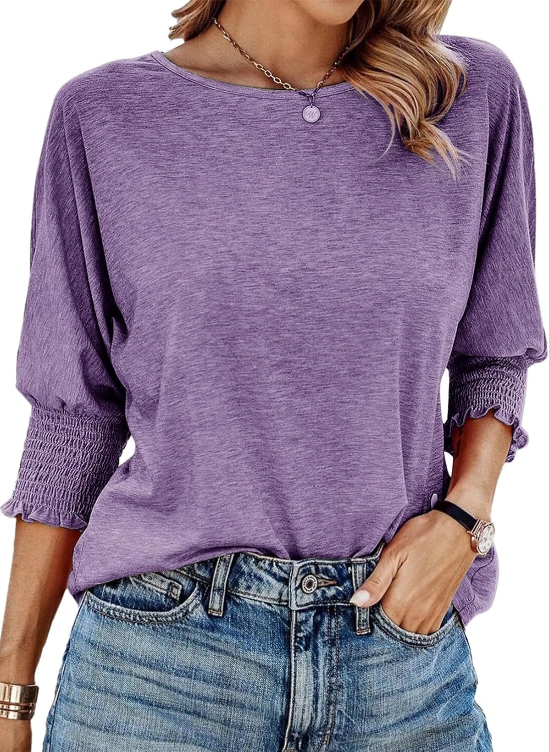 Women’s 3/4 Sleeve Crewneck T-Shirt Casual Loose Fit Soft Basic Blouse Top