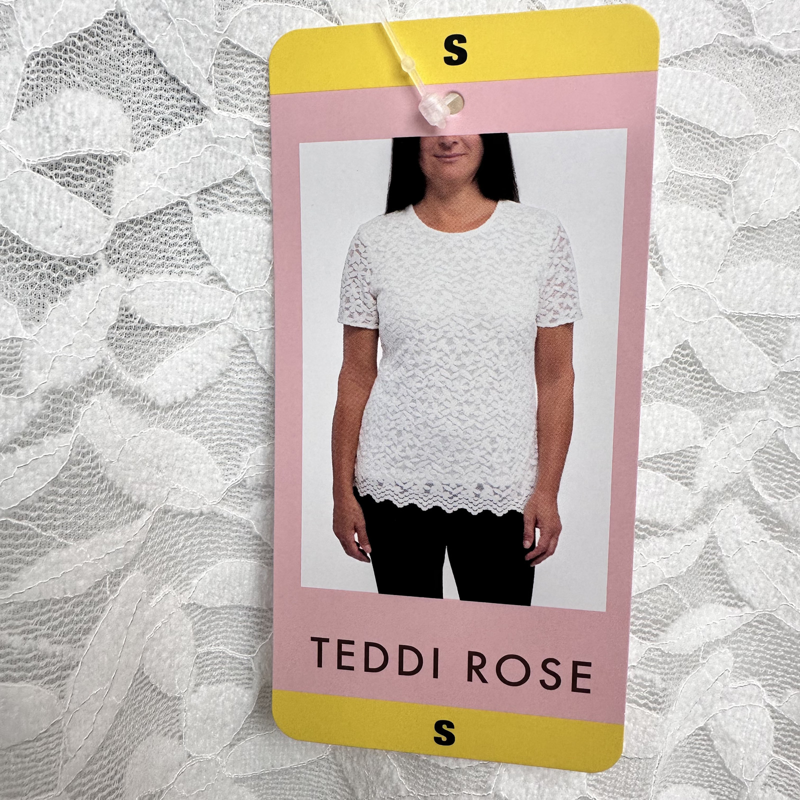 Teddi Rose Womens White Lace Blouse Short Sleeve Round Neck Floral Top NWT