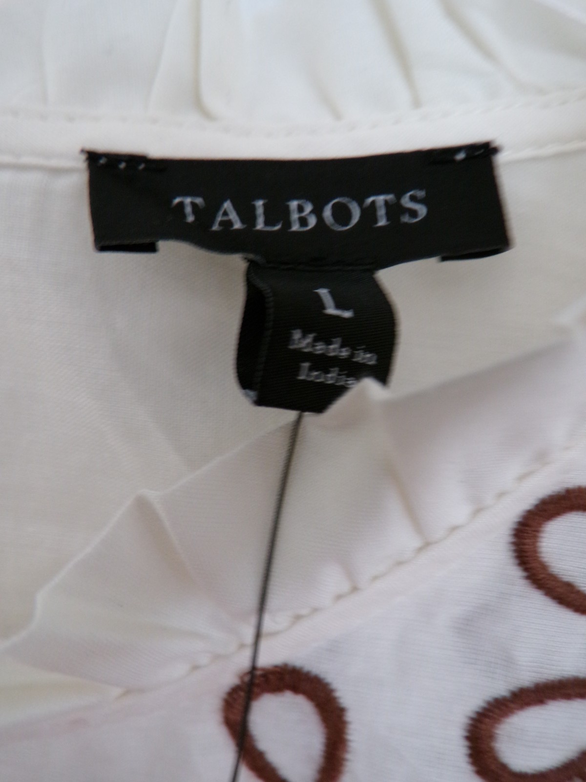 NWT NEW SUMMER TALBOTS SIZE LARGE EMBROIDERED VOILE TOP IVORY / BROWN $119.00