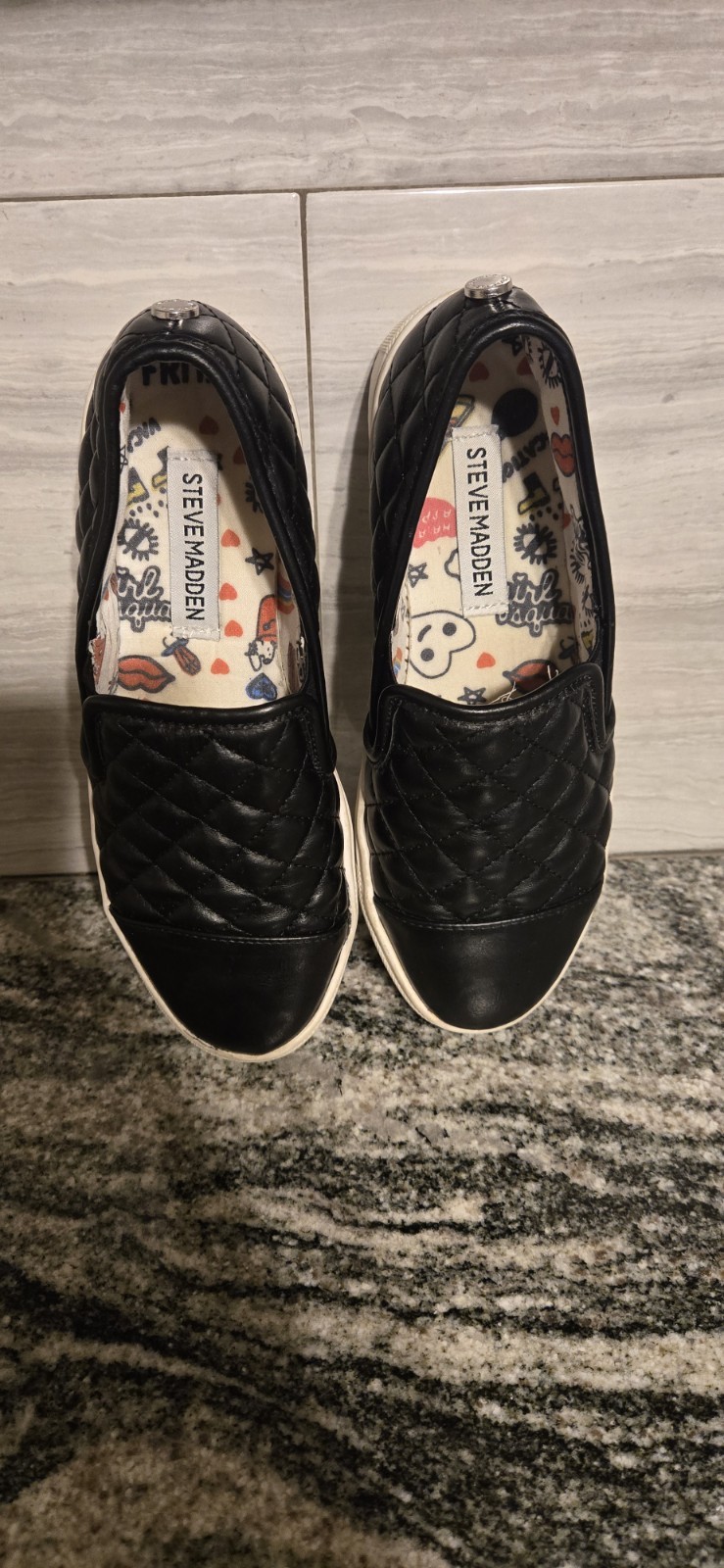 Steve Madden Black Quilted Slip-On Sneakers Cushioned Comfort Skull Theme