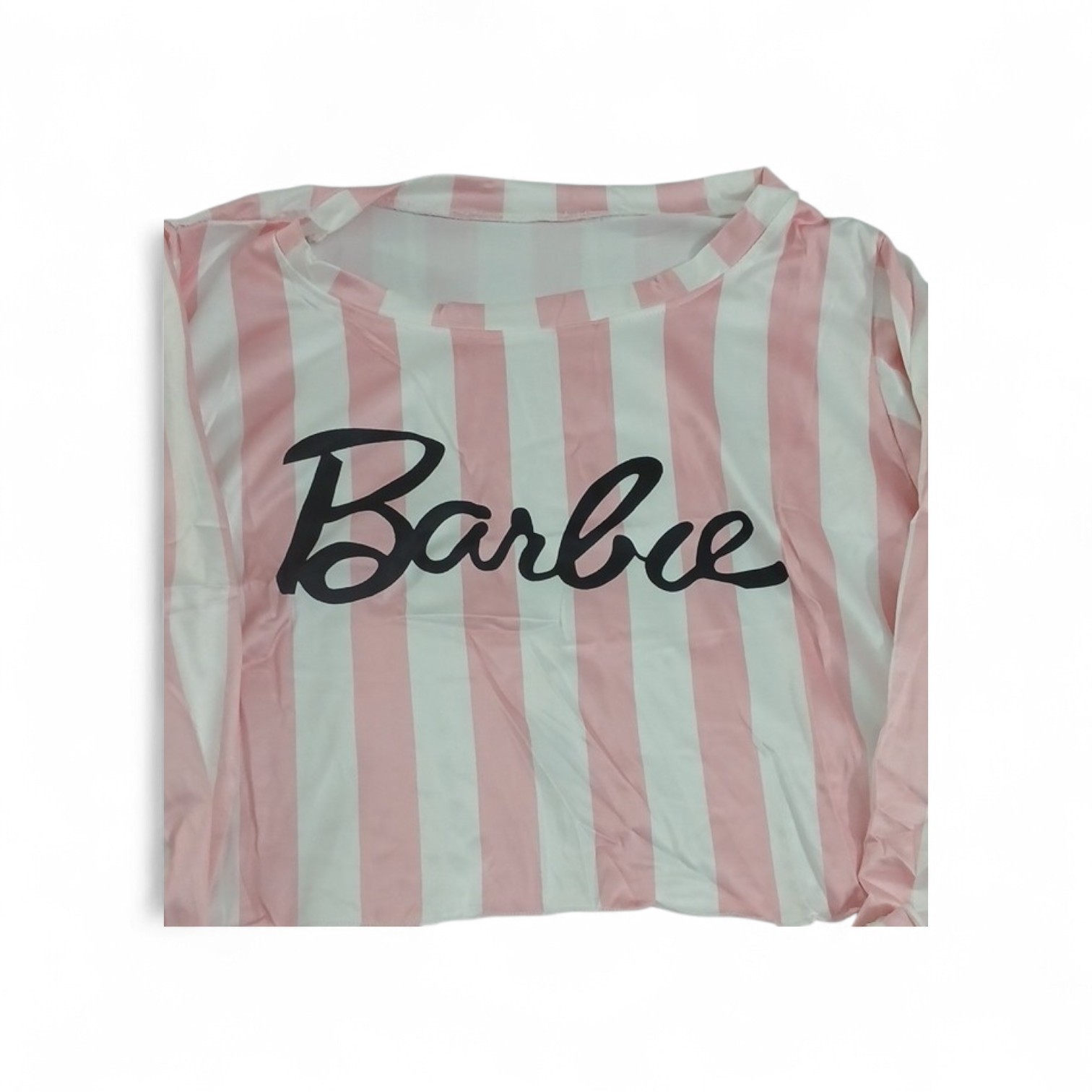 Barbie Pink White Striped Satin Pajama Set Bow Long Sleeve Top & Shorts Size L