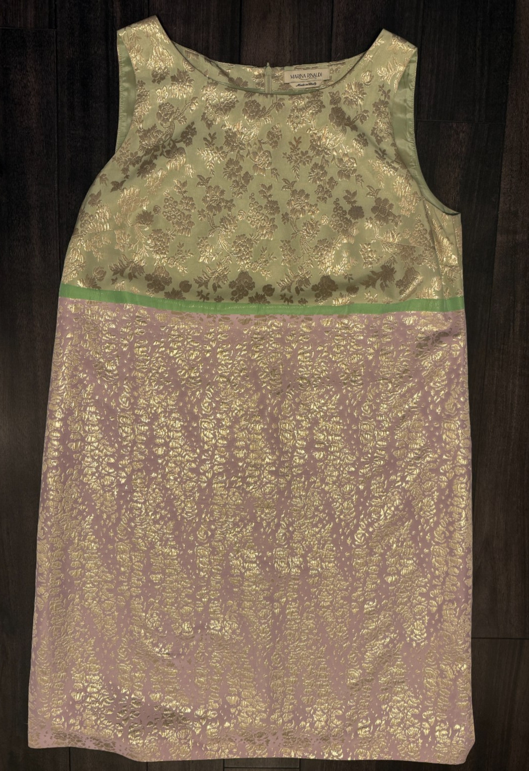 Marina Rinaldi Light Green Pink Gold Jacquard Sleeveless Shift Dress SZ 16