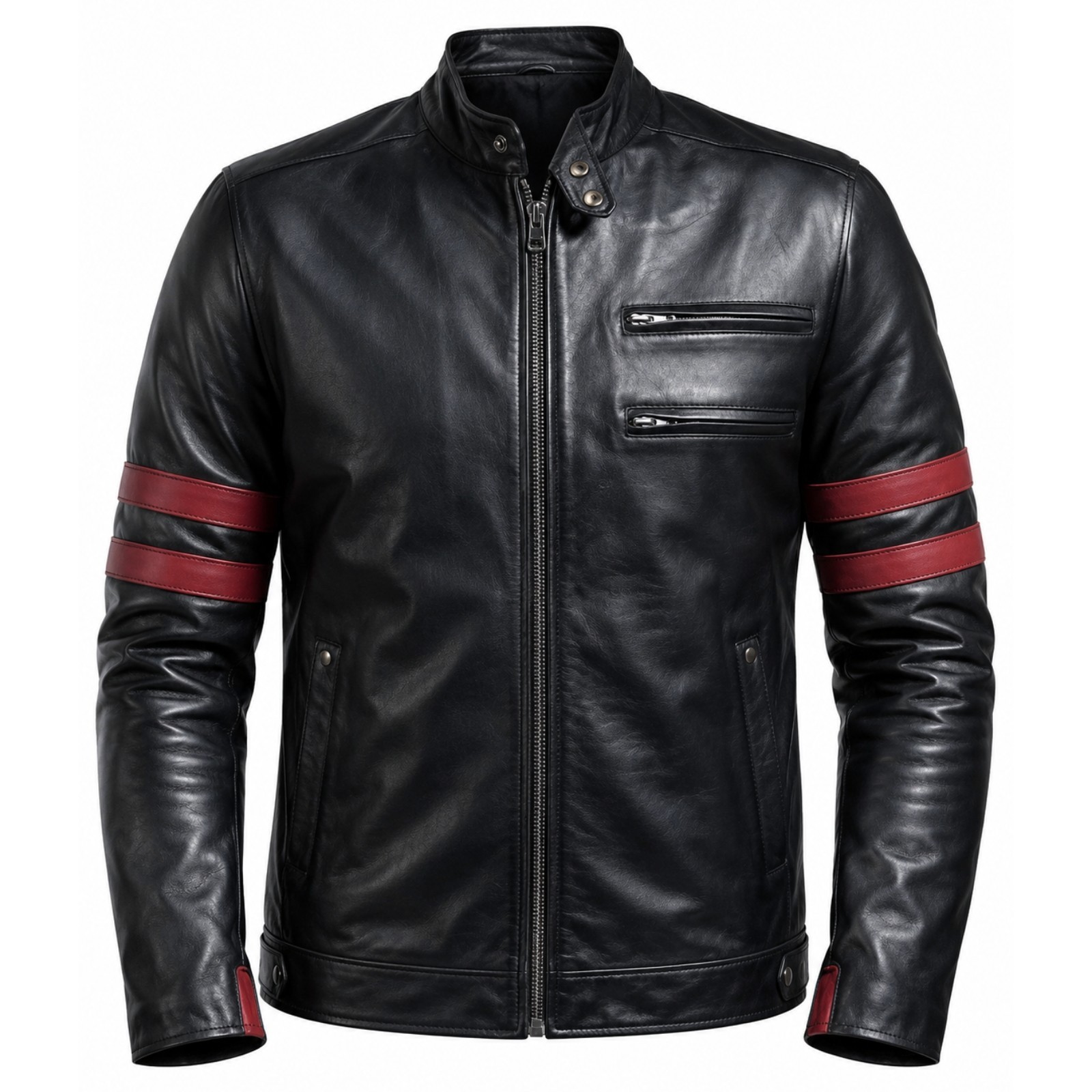 Men’s Black Leather Biker Jacket Red Stripe Cafe Racer Moto Slim Fit Genuine