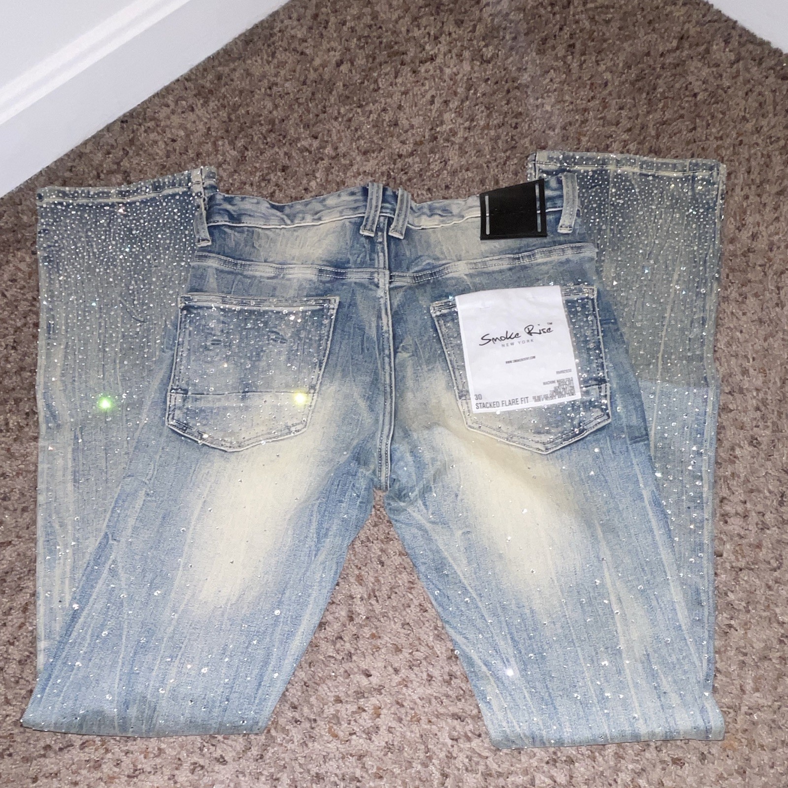 Smoke Rise Men’s Light Wash Blue Rhinestone Logo Stacked Flare Jeans