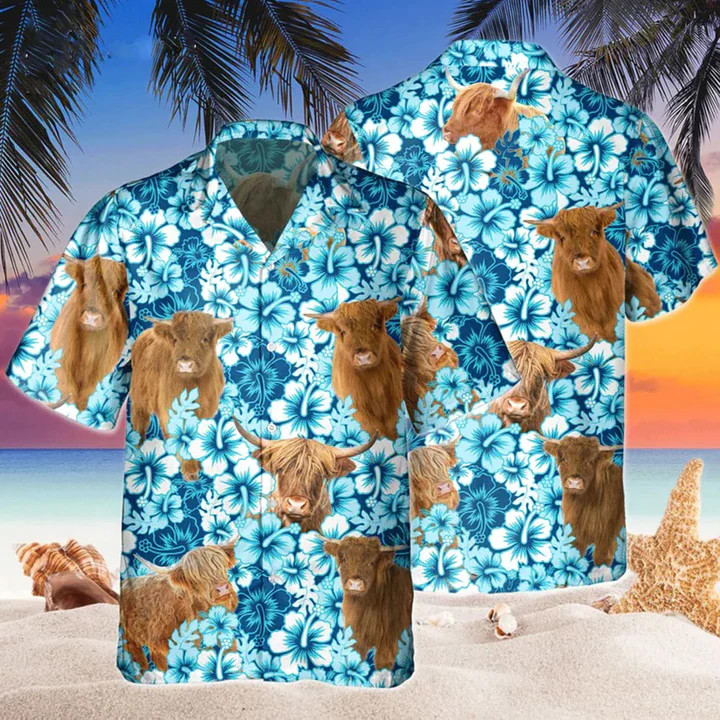 Highland Blue Hibiscus Flowers Trendy Hawaiian Shirt, Cow Hawaii Shirt