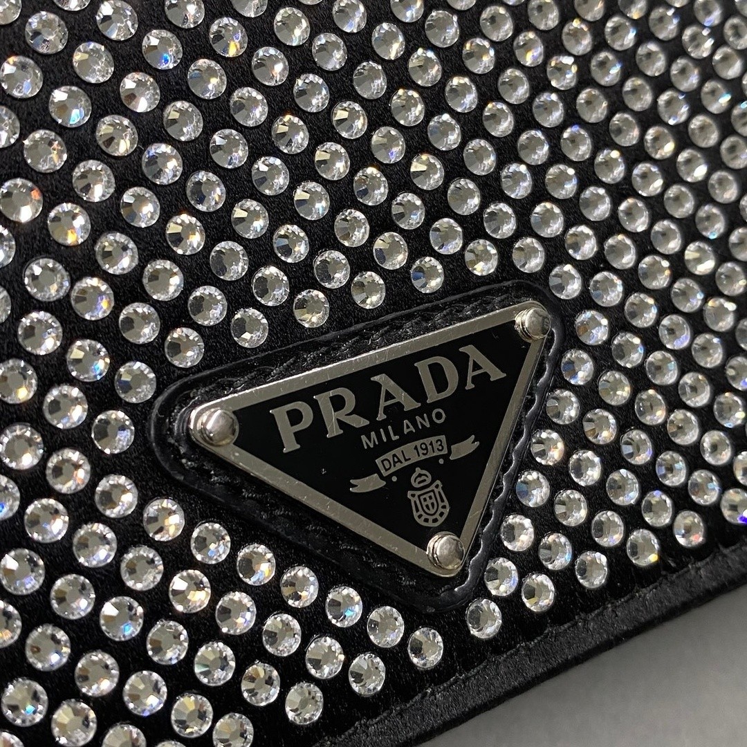 PRADA Rhinestone Flap Card Holder Mini Bag Black Silver Women TA1 Used AYAN-0