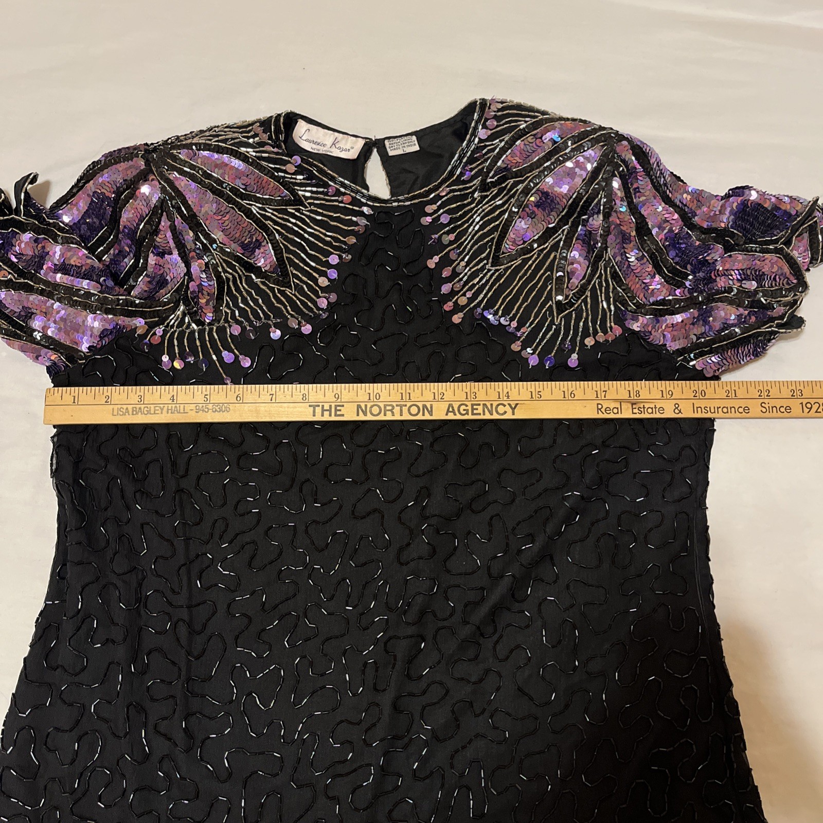 VINTAGE Laurence Kazar Women Blouse L Black Silk Beaded Sequin Wings 90s