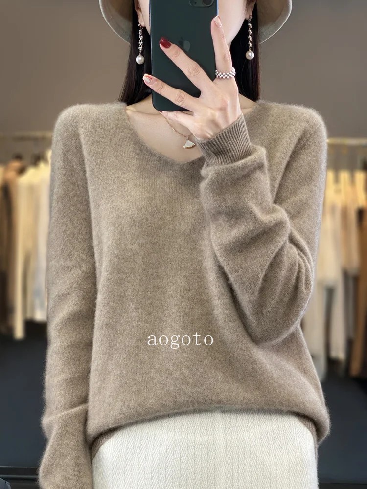 Women’s V-neck Pullover Sweater Knitwear Soft Warm Cashmere Loose Grace Style