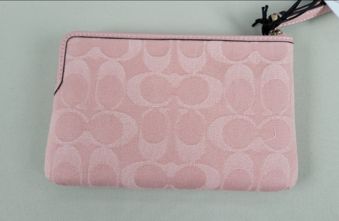 NWT Coach Corner Zip Wristlet In Signature Denim CDF27 Gold/Light Pink