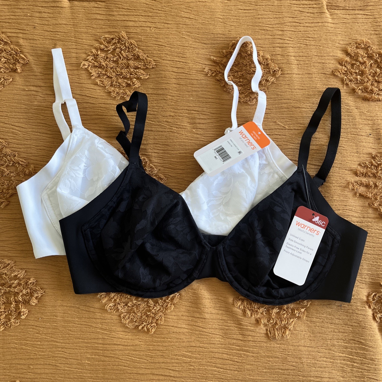 Warner’s Women’s 2-Pack T-Shirt Bras 36C Underwire Unlined Lace Black/ White