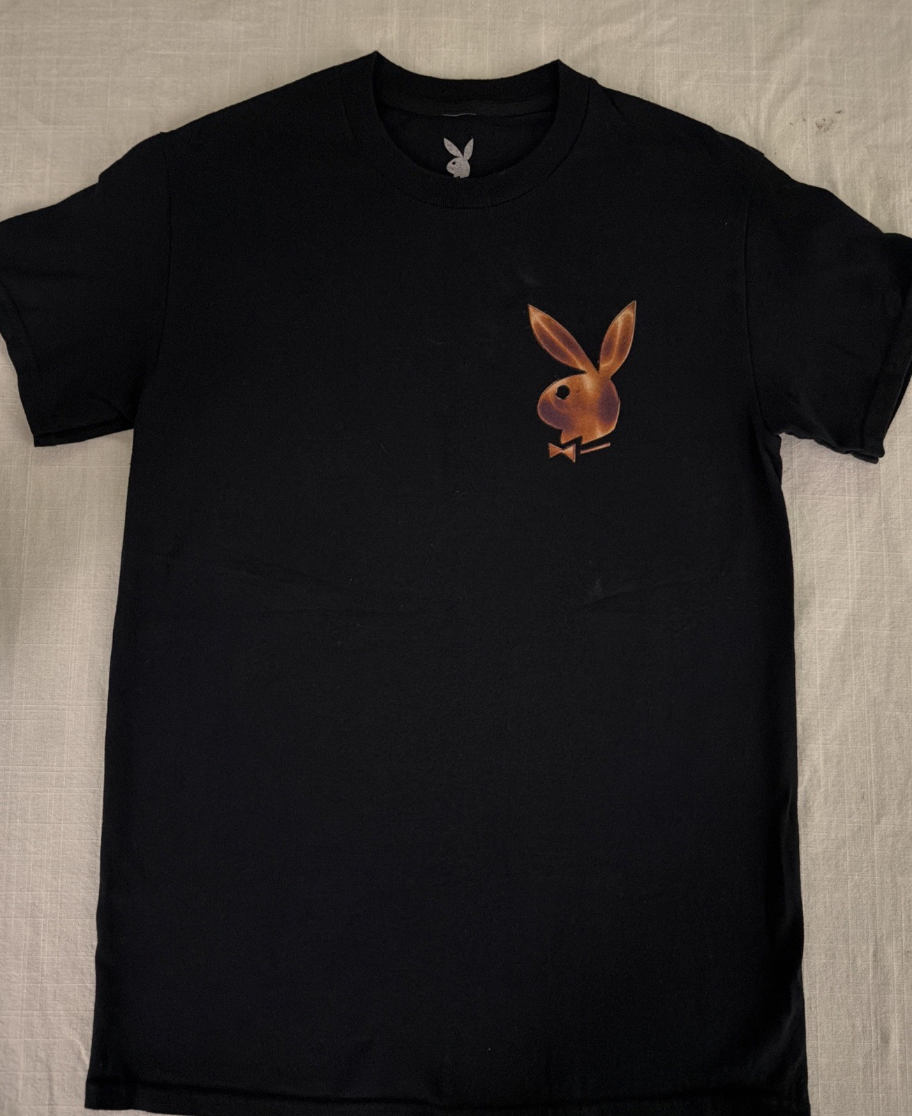 Playboy Shirt Mens S Black Repeat Logo Back Bunny Graphic Tee Tagless Cotton