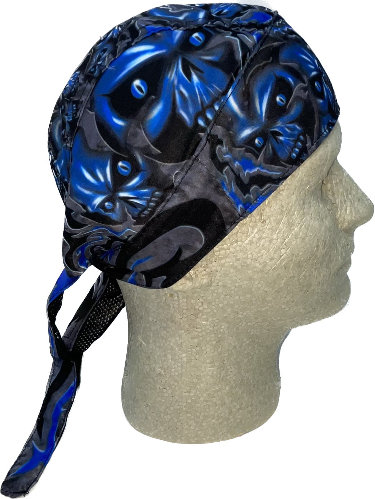Black Blue Stacked Skull Breach Platinum Durag Doo Rag Cap Biker Sweatband