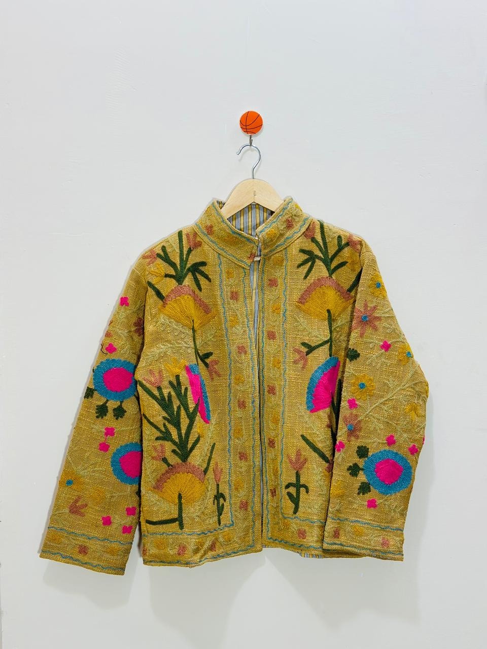 Yellow Floral Cotton Suzani Jacket Handmade Embroidered Festival Coat & Jackets