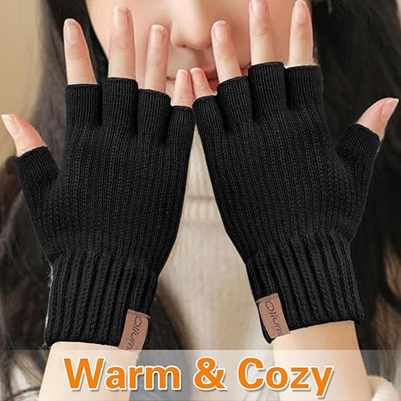 Winter Alpaca Wool Fingerless Gloves Thermal Men Knitted Half Finger Mitten