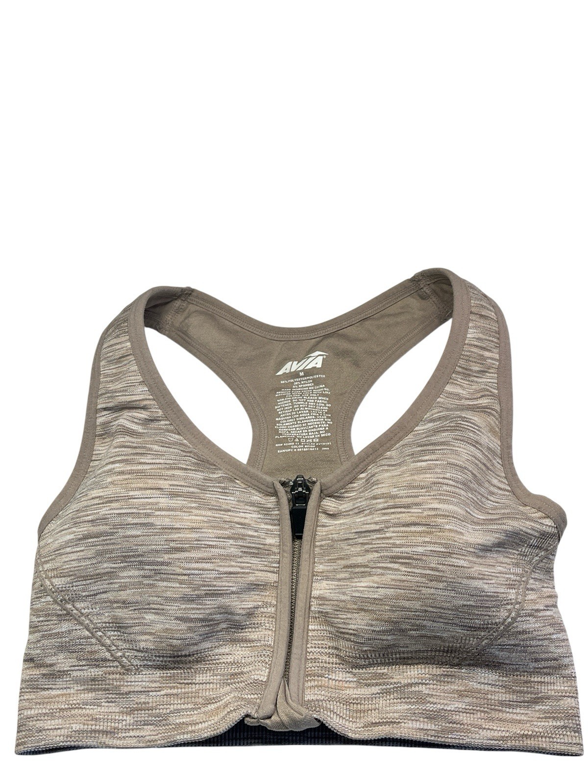 Avia Sports Bra Women Medium Beige Space Dye Front Zip Racerback Wireless Active