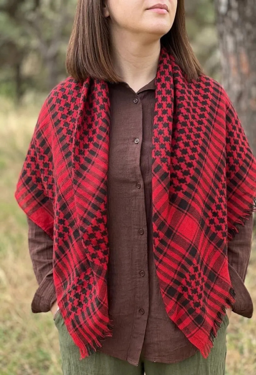 Authentic Red Black Cotton Keffiyeh Traditional Scarf Shawl Handmade Unique