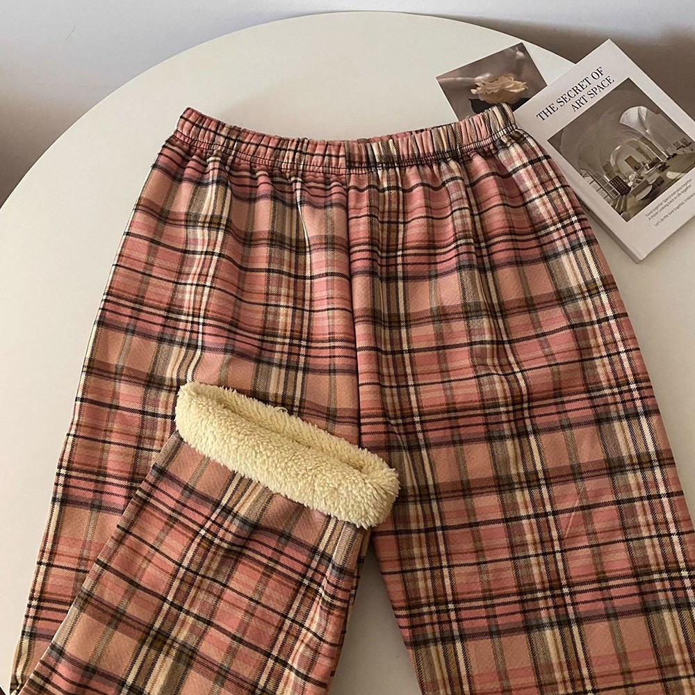Women Summer Checkered Print High Waist Pants Straight Fit With Lining For Yoga