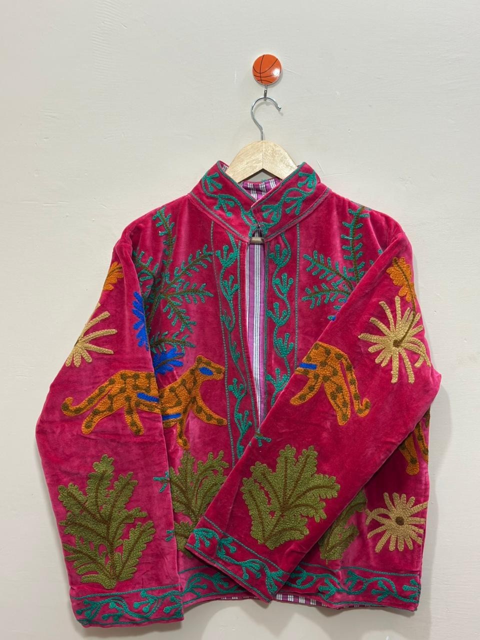 Pink Velvet Suzani Jacket Leopard Animal Embroidered Ethnic Women Boho Coat US