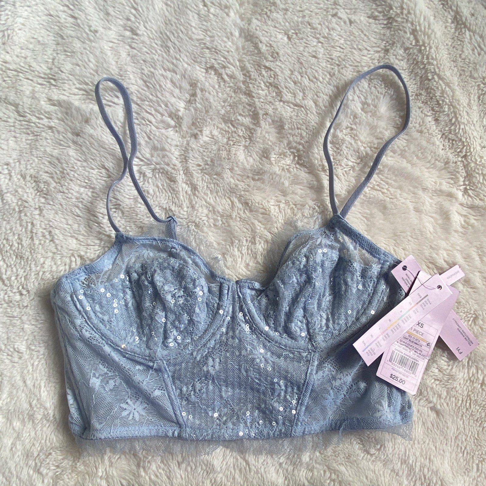Wild Fable Light Blue Sequin Lace Underwire Balconette + Black High-Waist XXS
