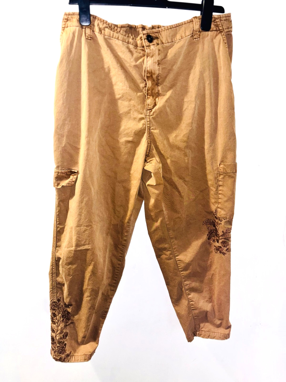 TU 100% Cotton Camel Elasticated Waist Embroidered Combat Trousers, Size – 18