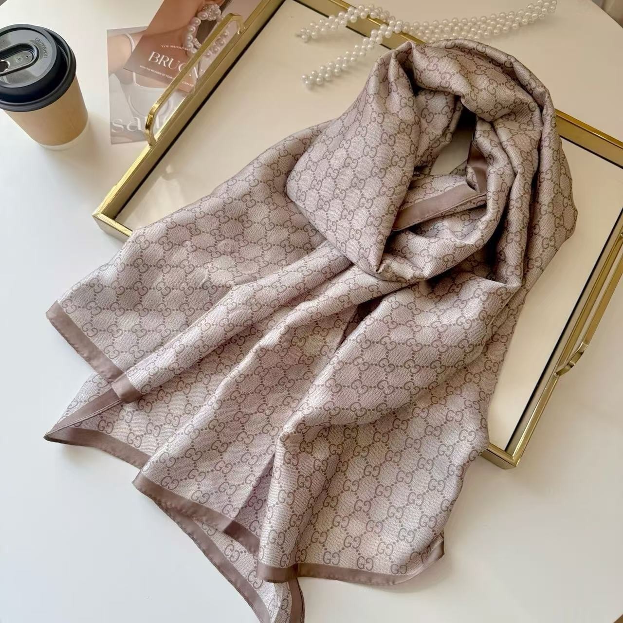 SCARF GUCCI SCARF SHAWL AUTHENTIC 100% SILK BEIGE CAMEL LIGHT WEIGHT CLASSIC