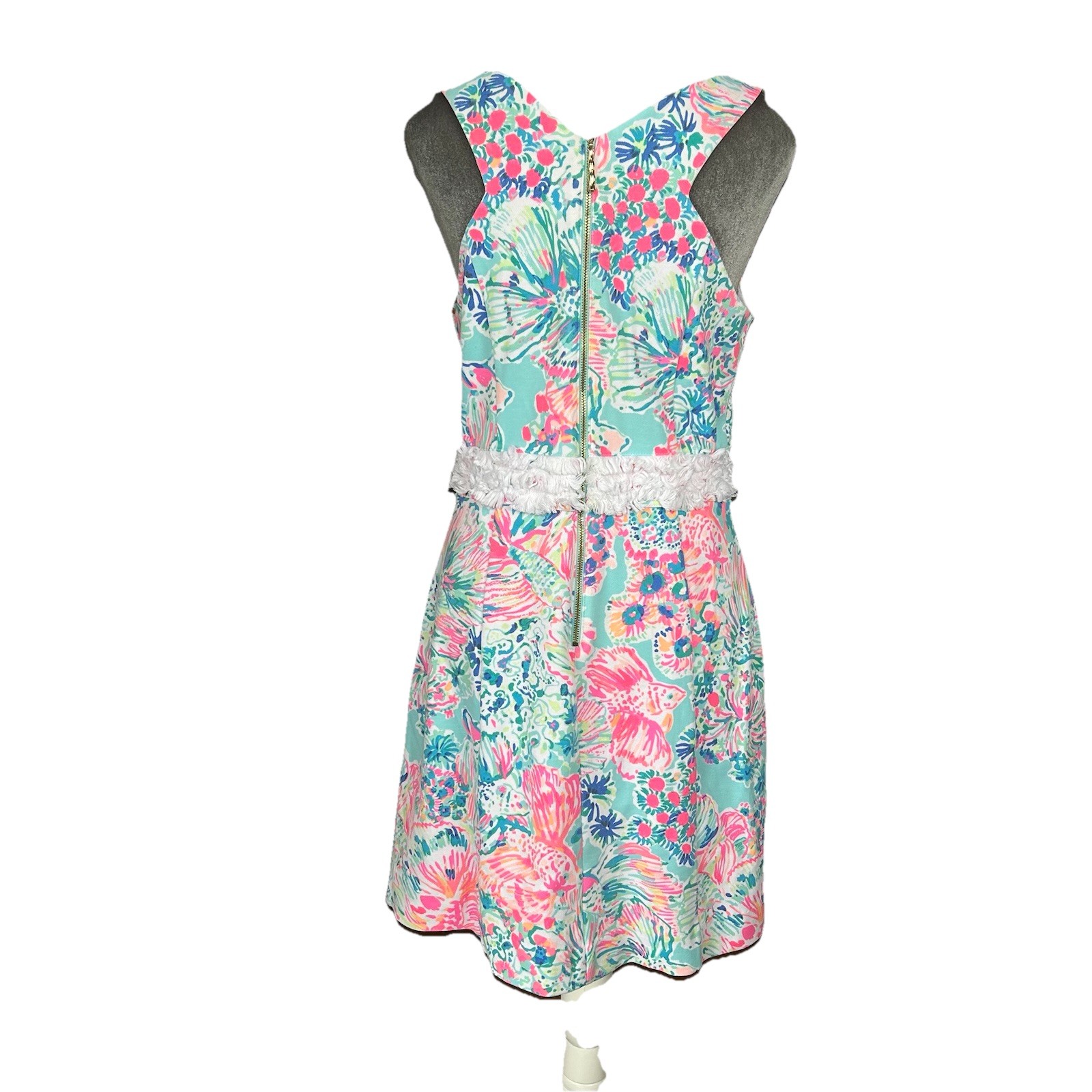 Lilly Pulitzer Arden Mini Shift Dress Serene Blue Gypsea Size Medium Fringe Fish
