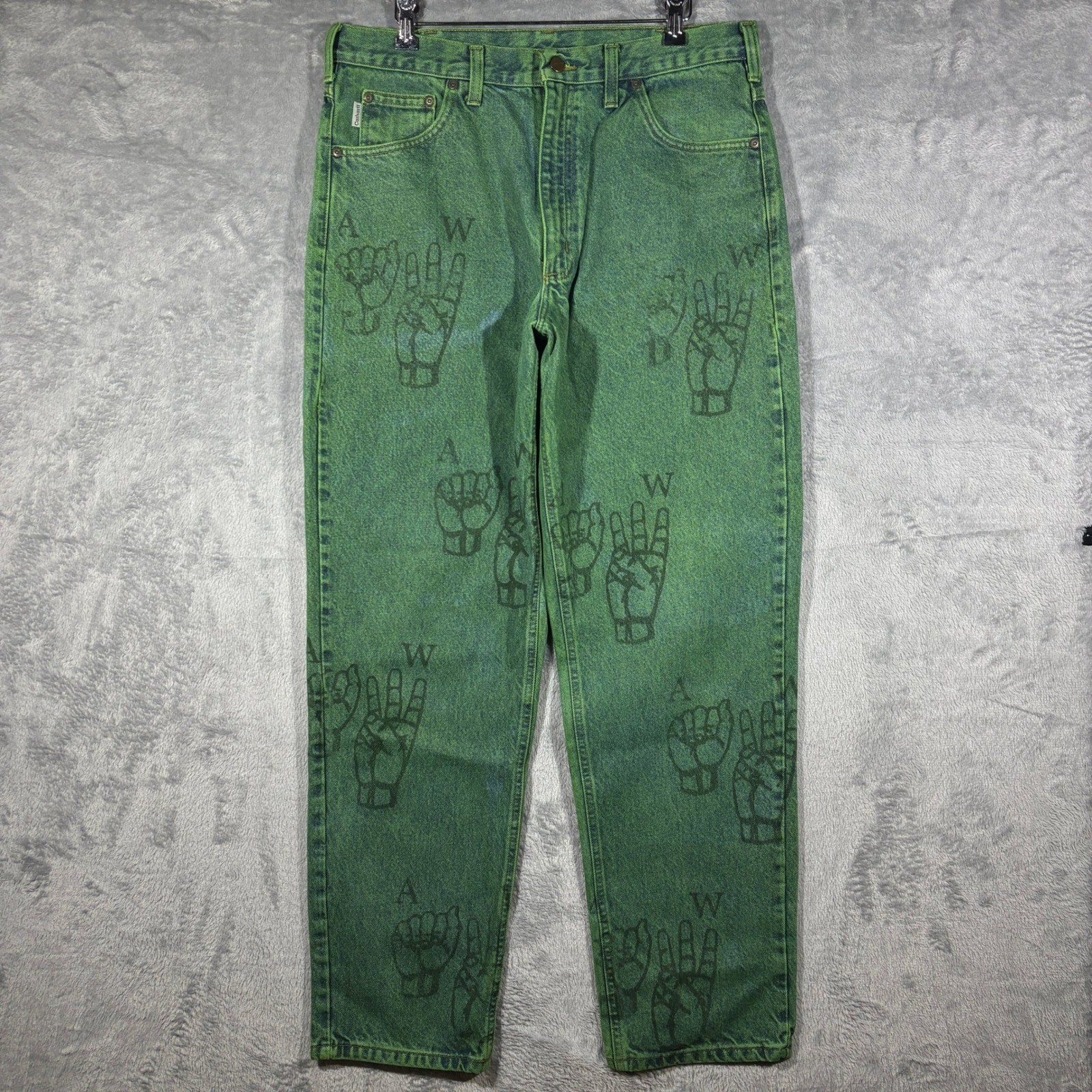 Carhartt Denim Jeans Men 35×32 B17 STW Relaxed Fit Green Hand Graphic Custom Dye