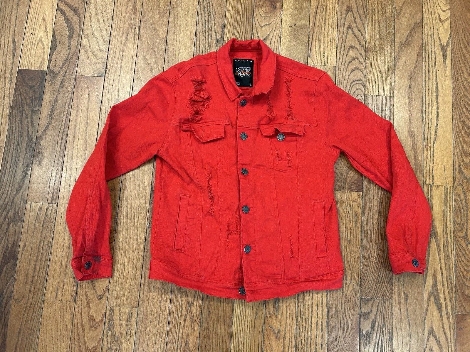 Copper Rivet Denim Jacket Mens Large L Red Distressed Ripped Jean Trucker Coat