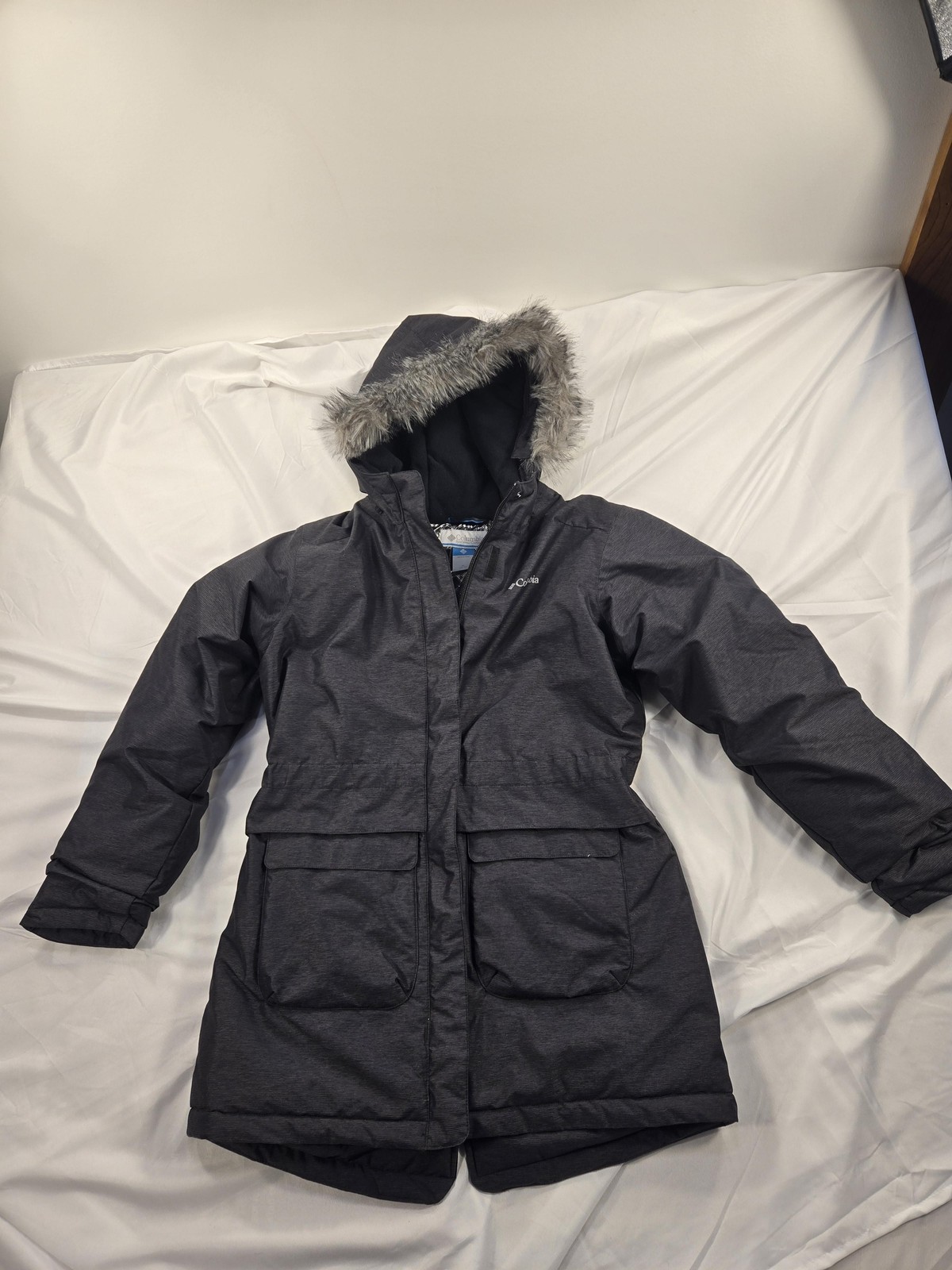 Columbia Coat Girls Youth XL Gray Hooded Faux Fur Parka Insulated Pockets Warm