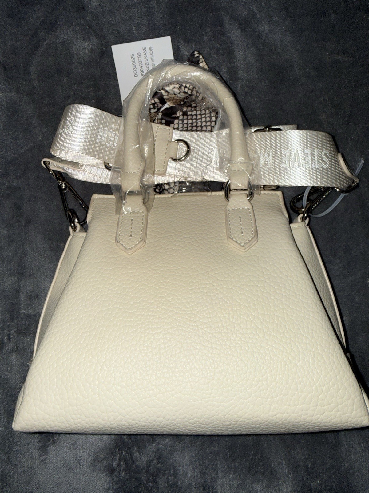 Steve Madden Ivory Small Pebbled Satchel Top Handle Zip, Detachable Strap, Logo