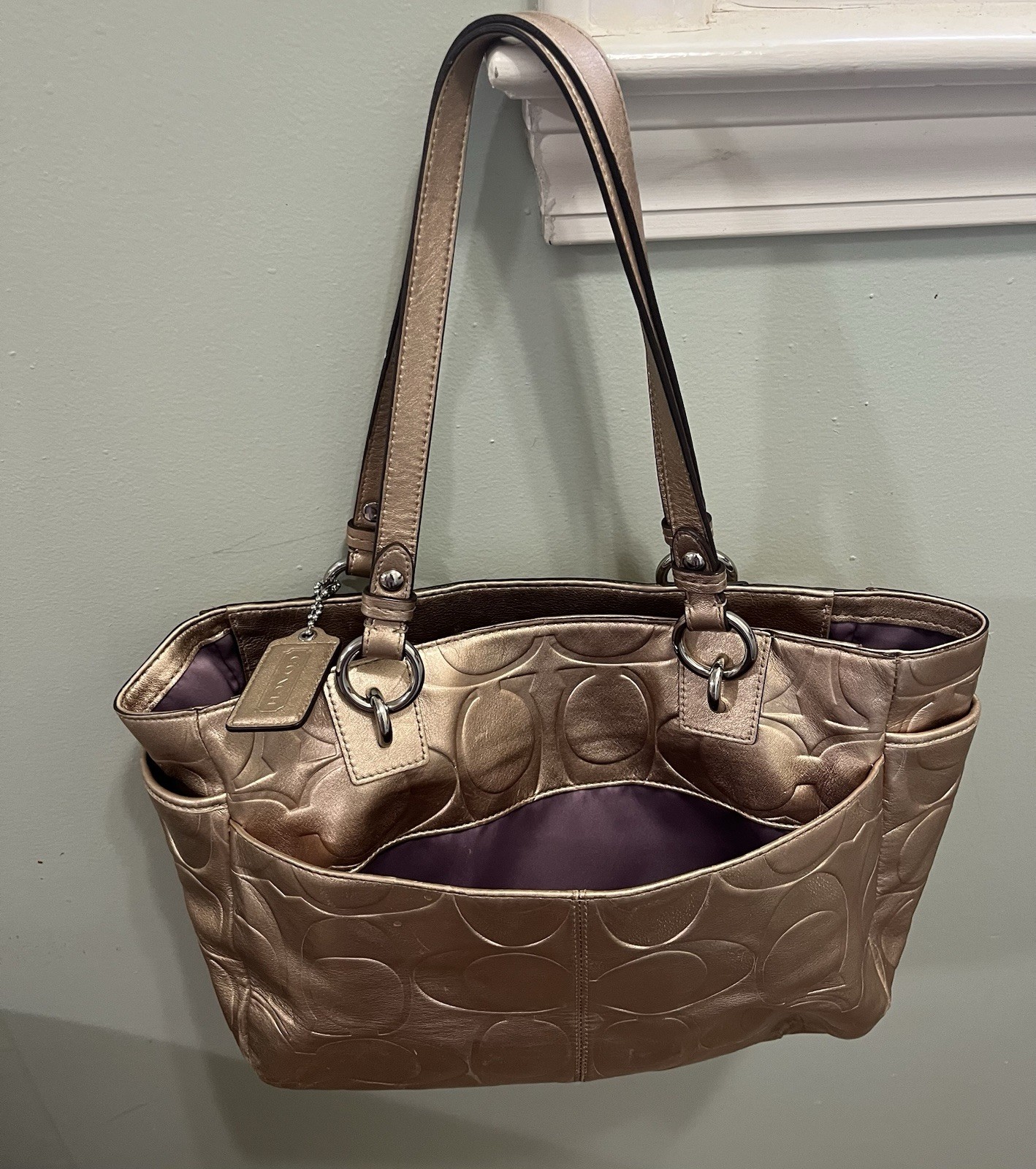 Coach Signature Embossed Tote Bag Bronze Double Handles Silver Hardware Purple