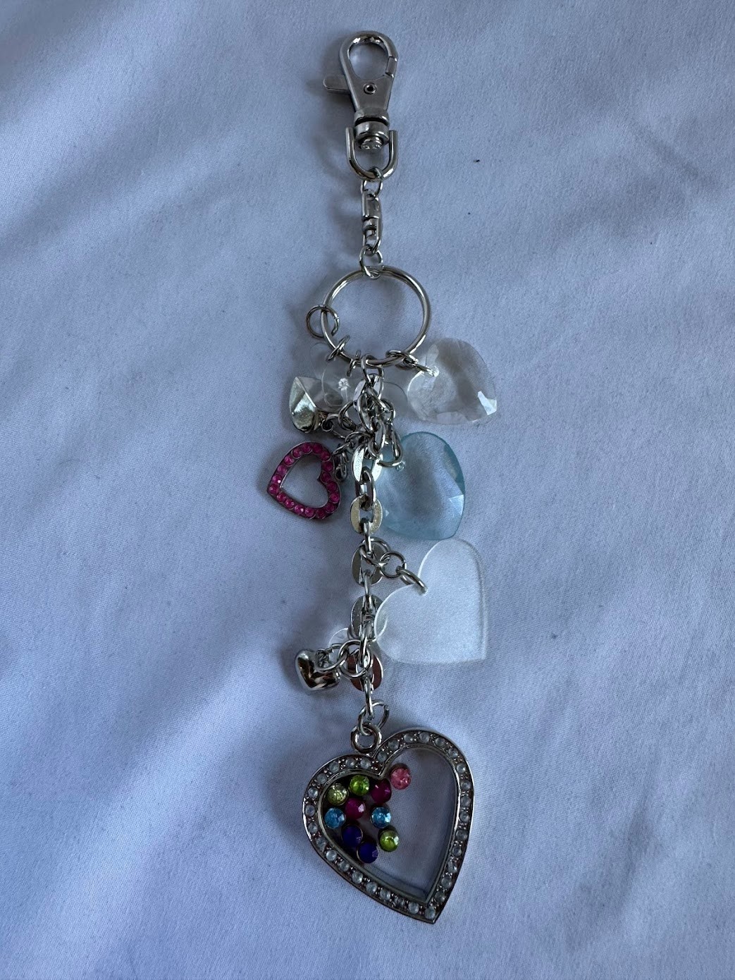 Silver Tone Multi Heart Charm Keychain Bag Access Shaker Rhinestone Lanyard 8″