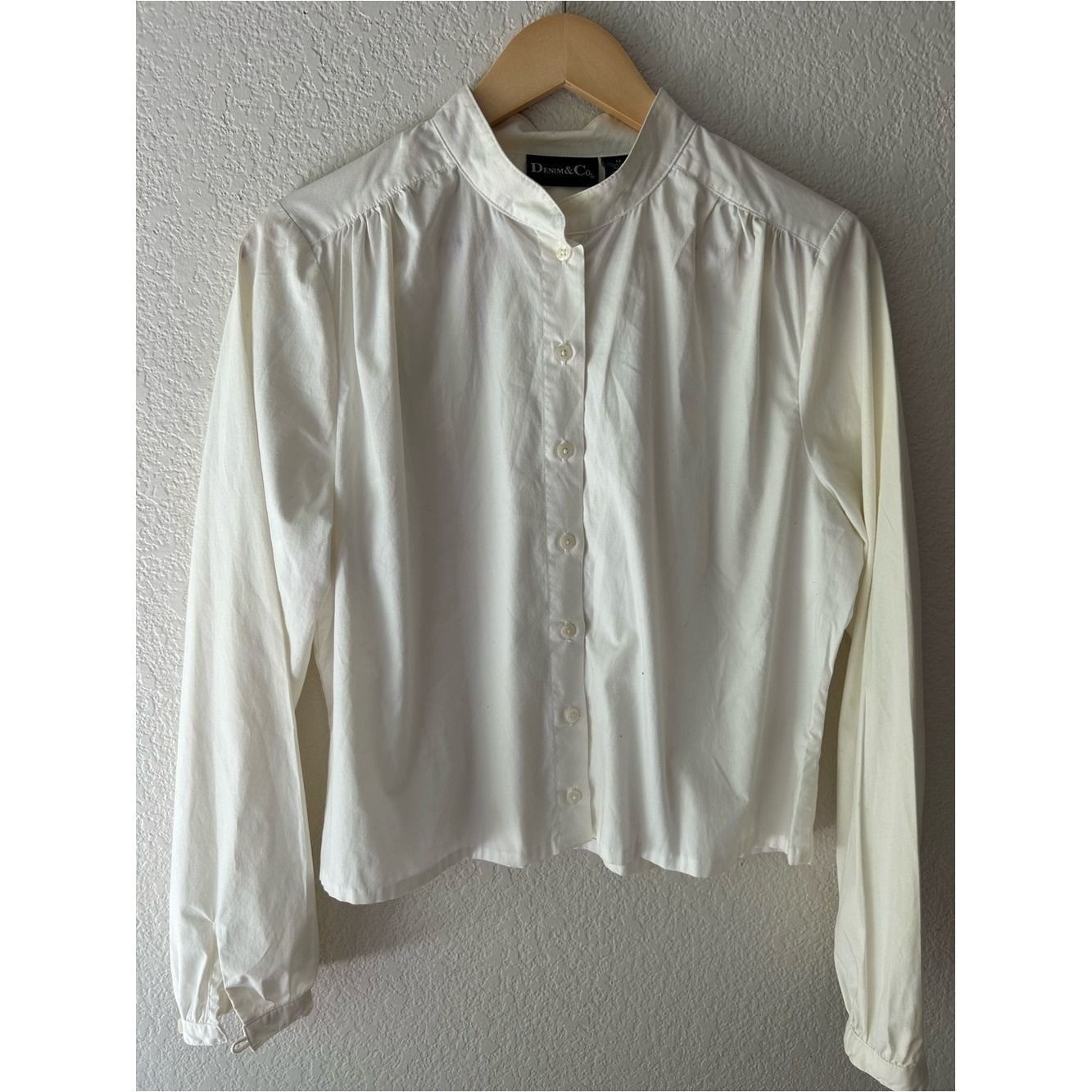 Sunday Letters | Denim & Co. Ivory Stand Collar Blouse | Minimalist Cotton Top