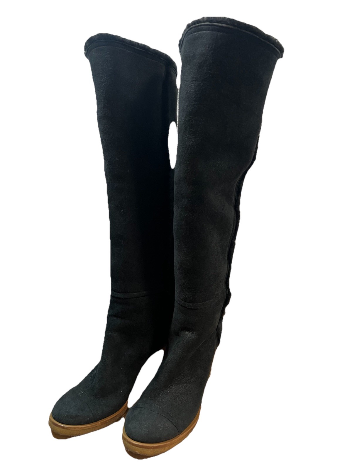 Chanel Boots 40 Wedge Knee High Suede Sherpa Fur Lined Biker Moto Spellout Logos