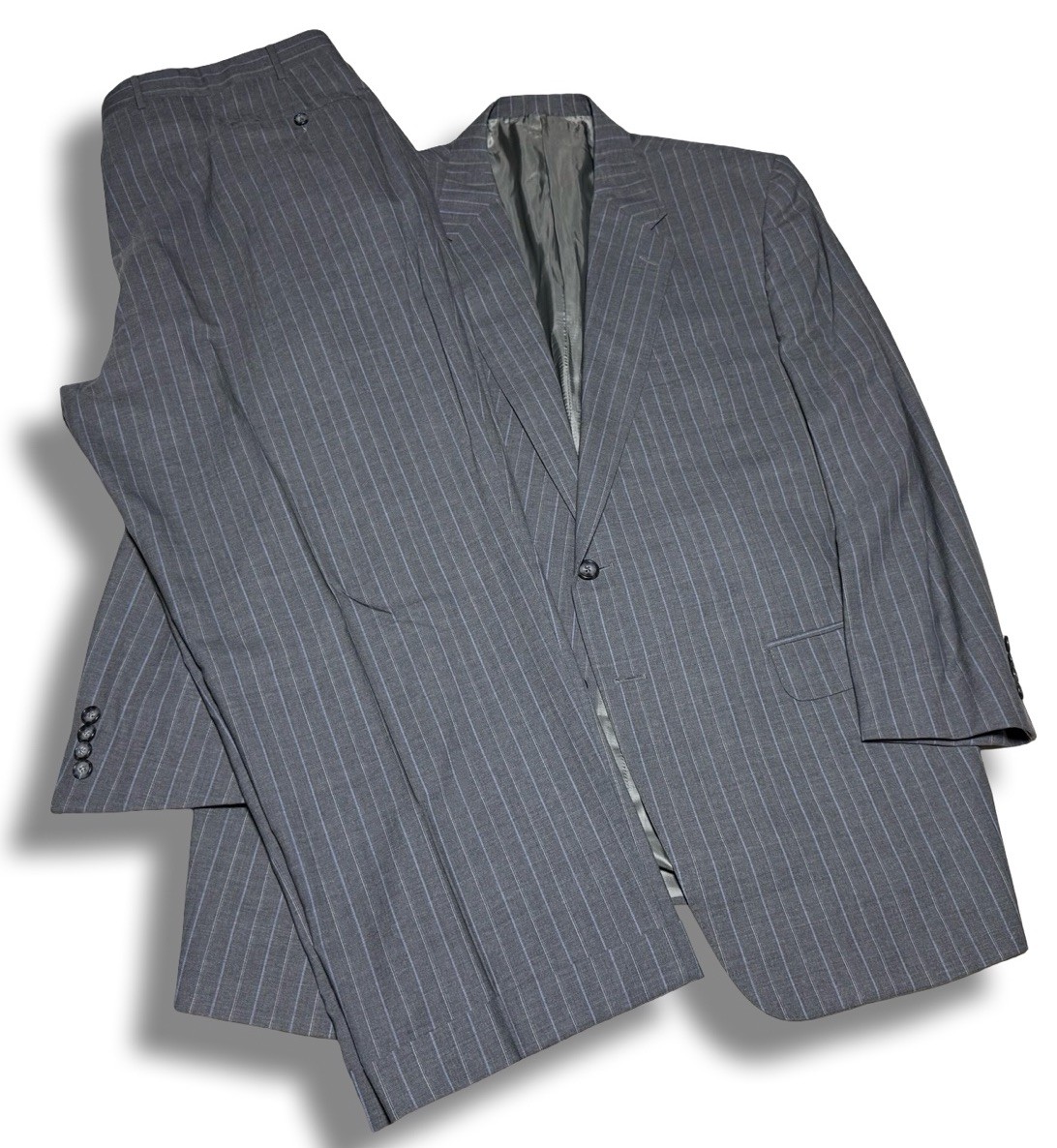 Vintage Corneliani 48R/40×28 Pants Super 150s Wool Gray Baby Blue Pinstripe Suit