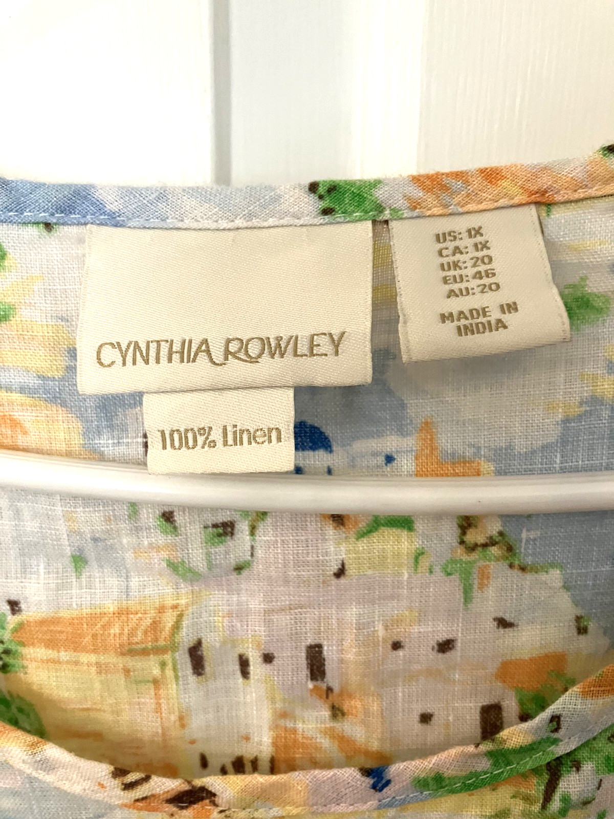 Cynthia Rowley 100% Linen Print Top Size 1X Blue Gold Multi