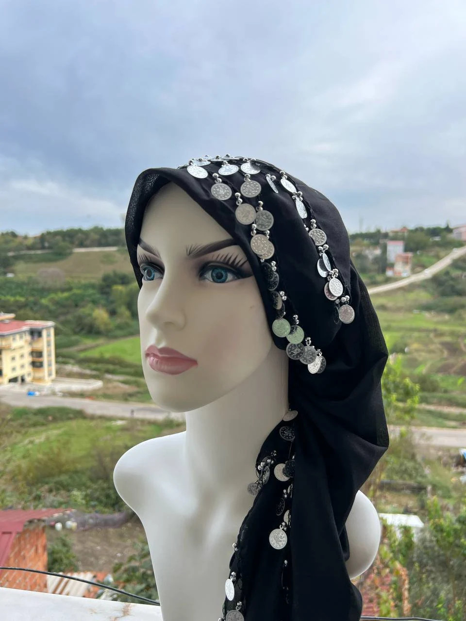 Hand Knitted Black Scarf Crochet Shawl with Silver Charms Handmade Unique