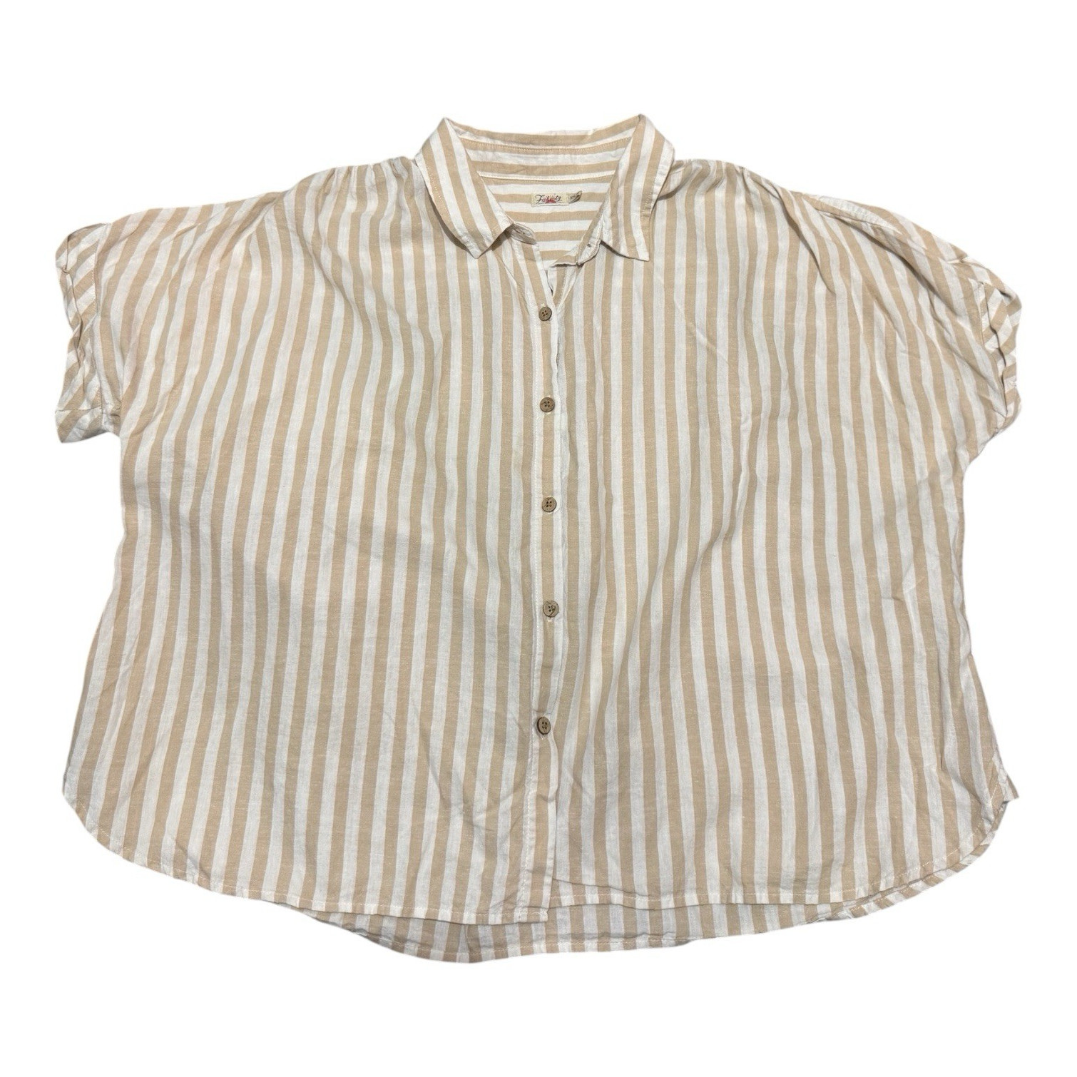 Faherty Beige/White Striped Collared Button-Up Cap Sleeve Woven Top XXL