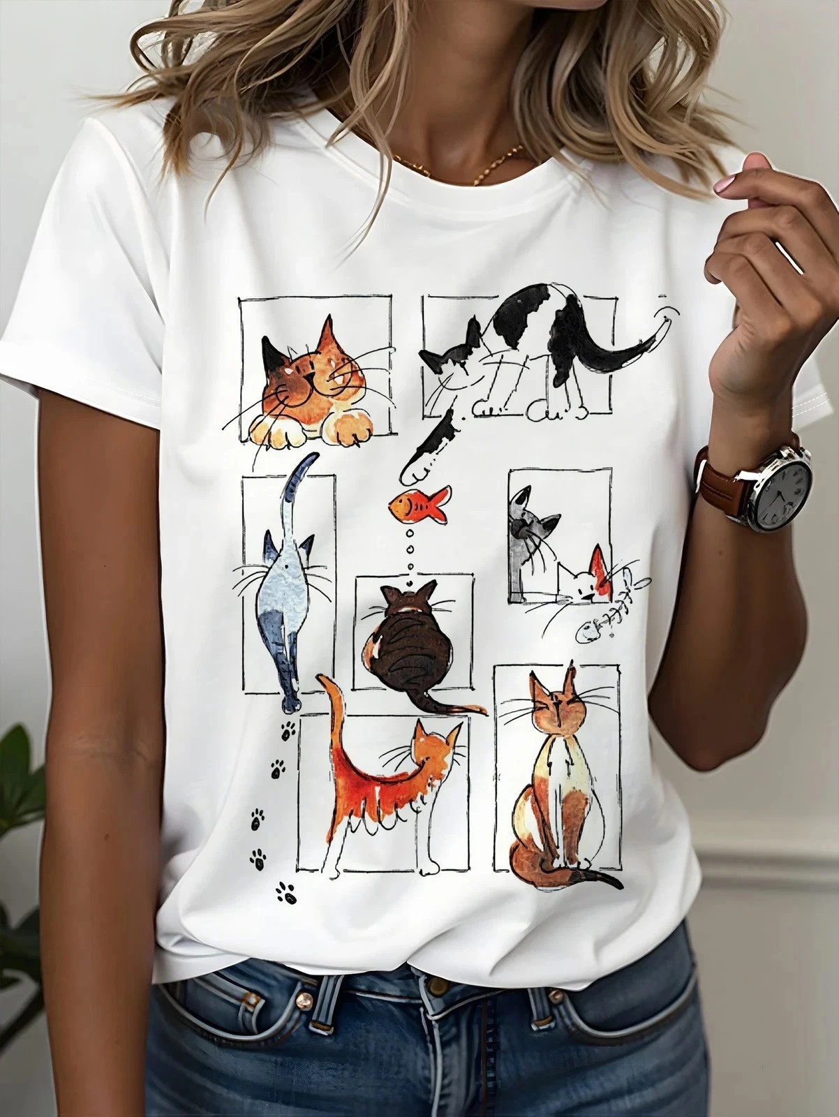 Watercolor Cat Windows T-Shirt | Playful Multi-Cat Boutique Graphic Tee
