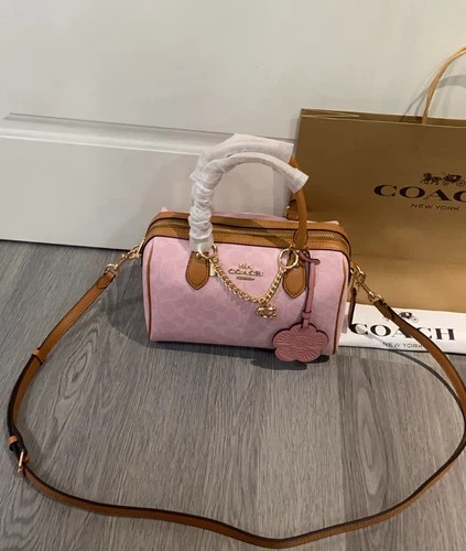 Coach Rowan Satchel Bag Signature Canvas With Charms Gold/Powder Pink CEA18 New