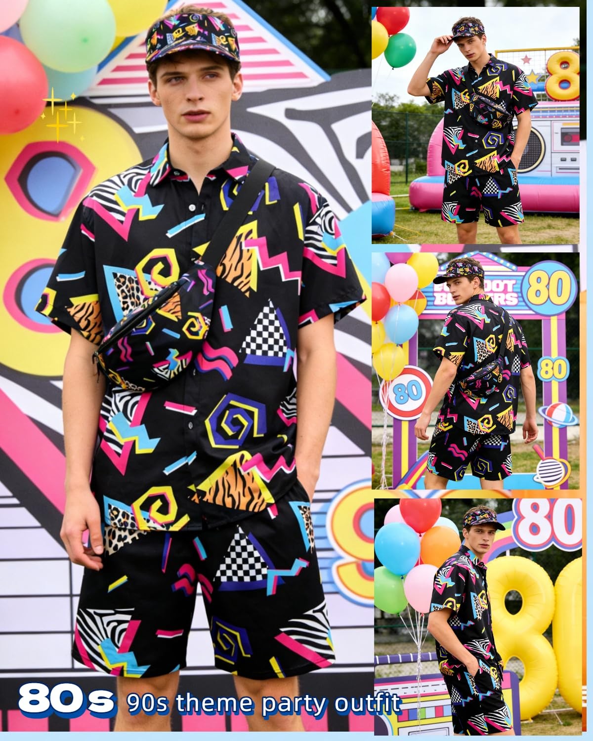 80s 90s Outfit For Men Retro Hawaiian Shirts Short Set Tracksuit Costume Visor