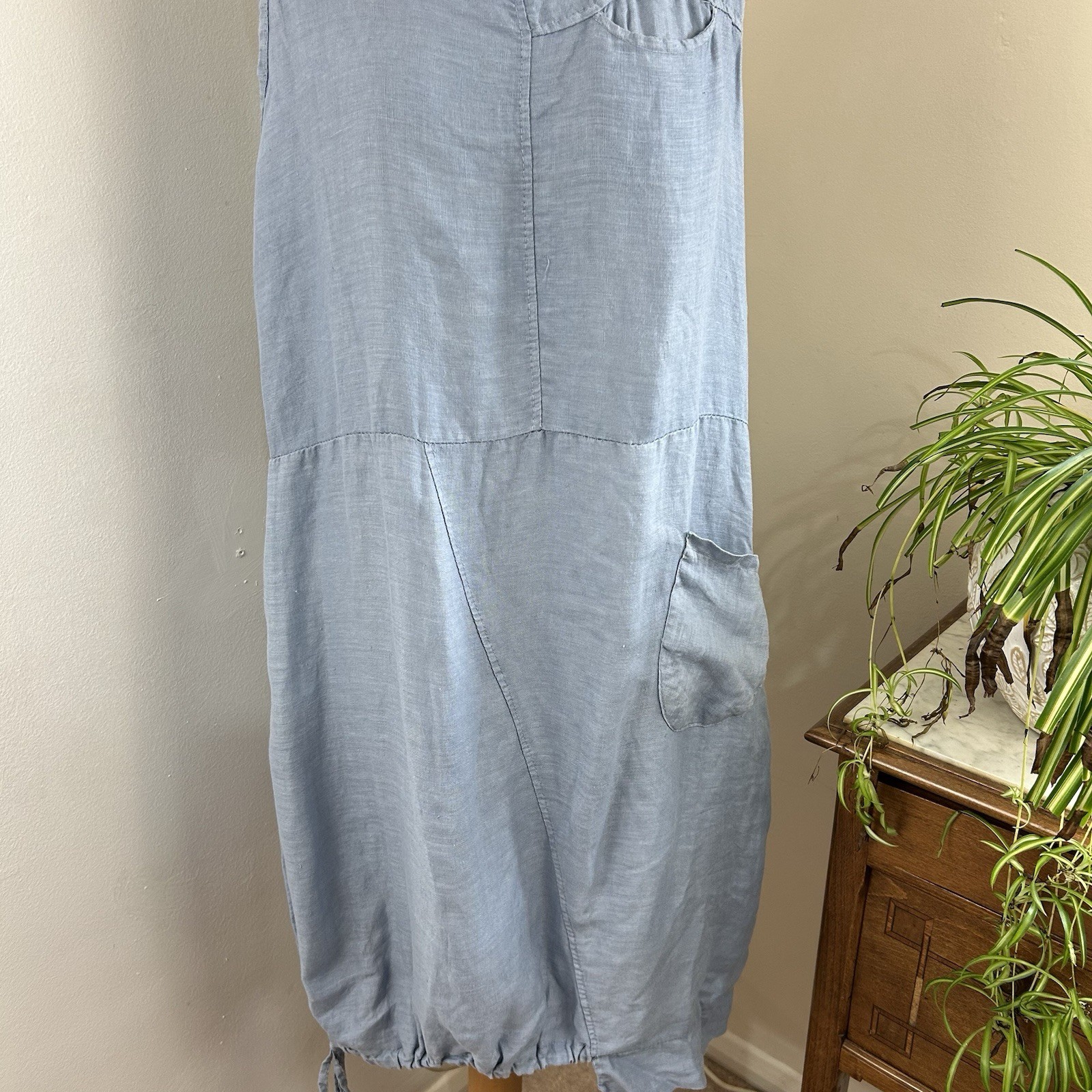 Carina Ricci Linen Dress UK 10 Blue Relaxed Fit Balloon Style Pockets Minimalist