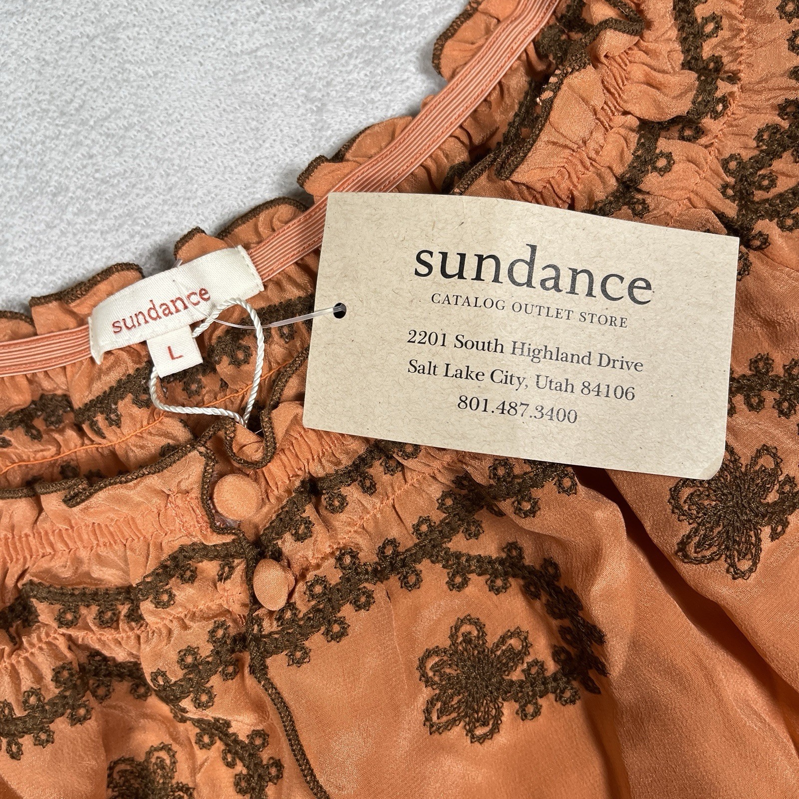 NWT-Sundance Embroidered 100% Silk Short Sleeve Blouse Women Large Top
