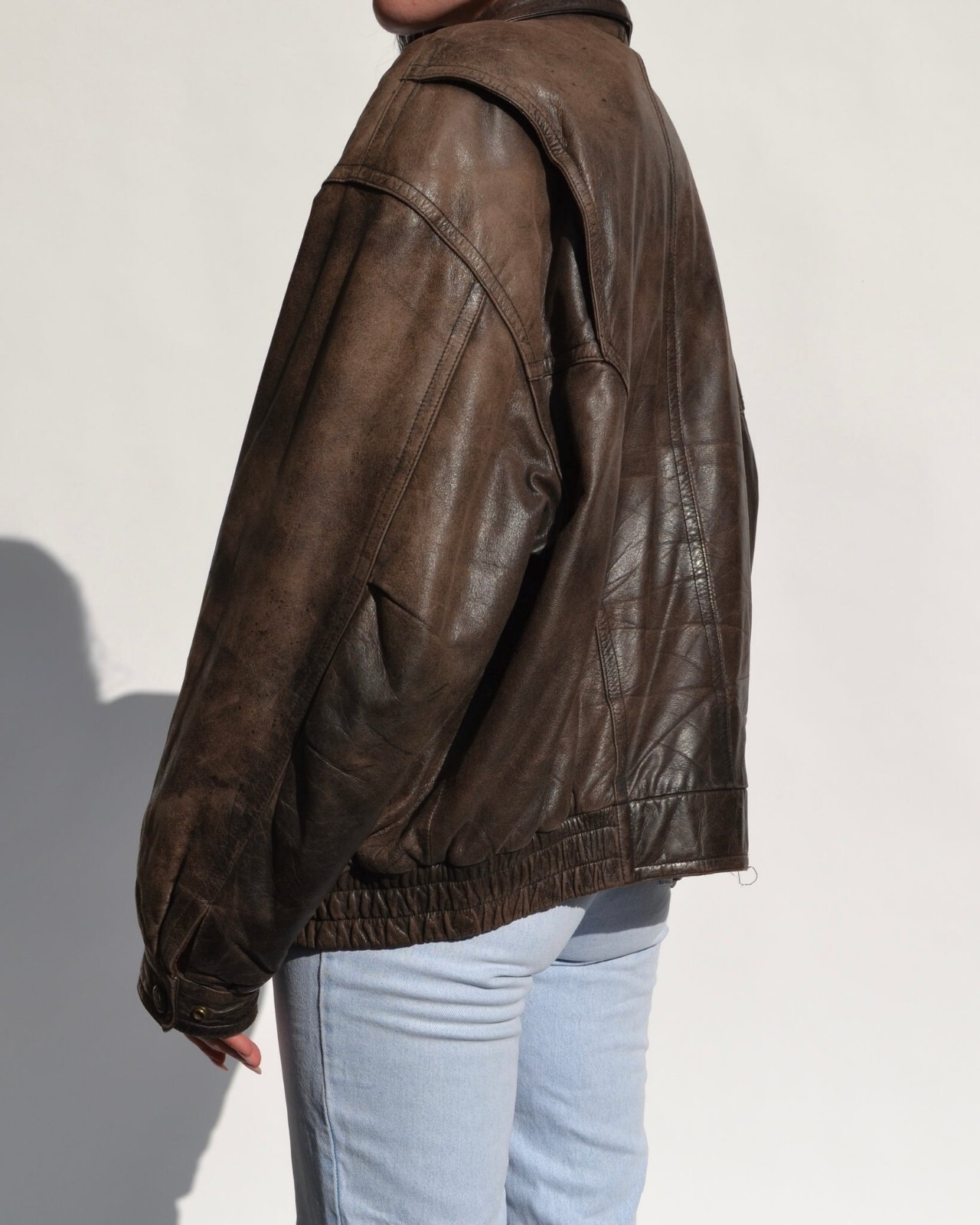 90s Women’s Baggy Style Distressed Brown Oversized Leather Bomber Jacket
