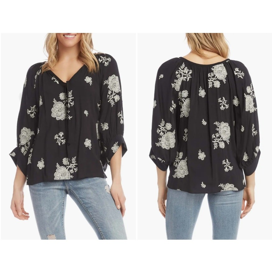 Karen Kane Top Womens Size 2X Black Embroidered V-Neck Boho Office Work Casual