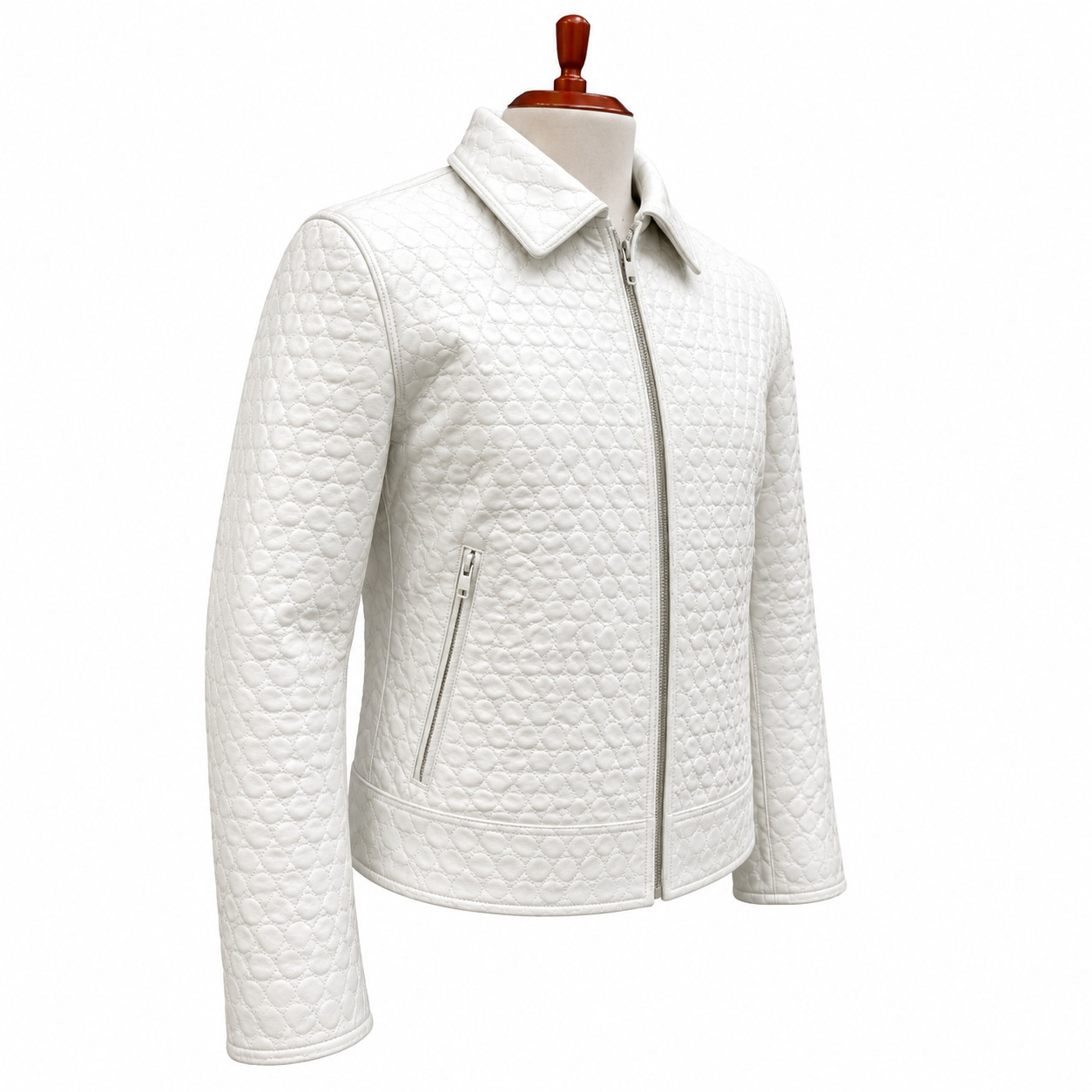 New White Quilted Zip Up Medium Jacket Women’s Geometric Stitch Bomber Style