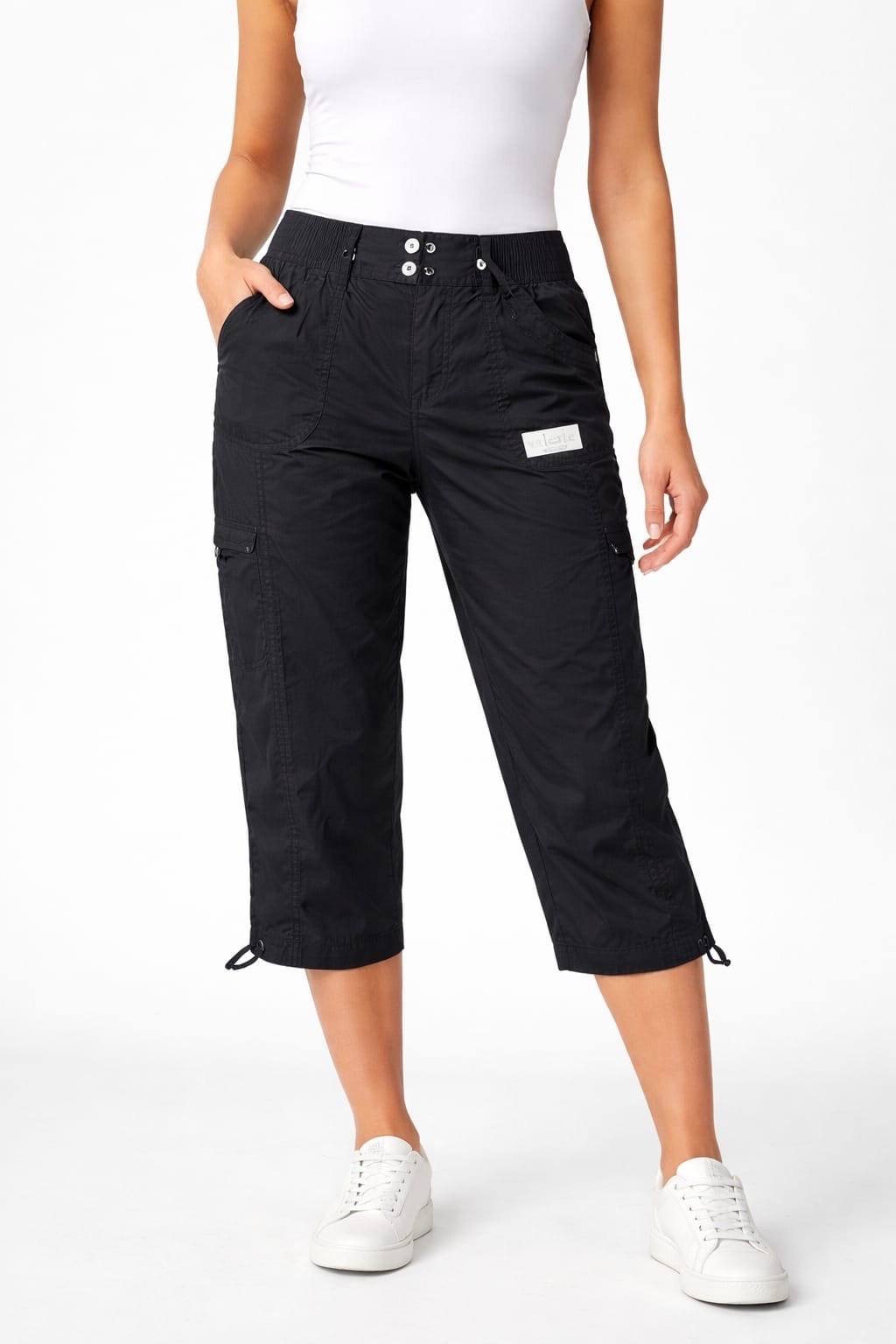 Dash solid cotton pull on front and back pockets elastic waist belt loops Capri