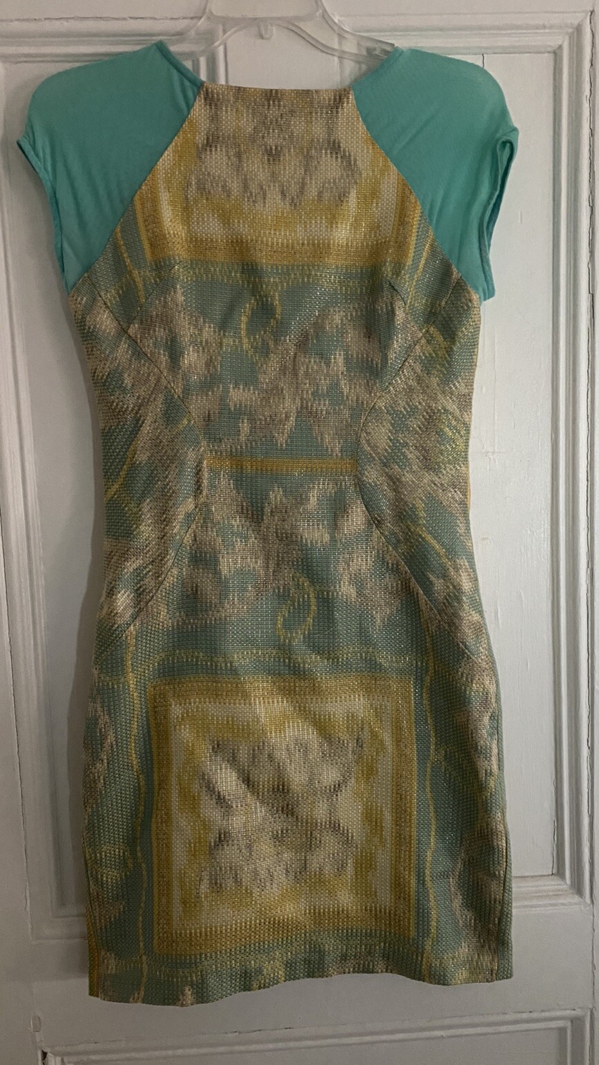 Eva Franco Dress Anthropologie Turquoise, Yellow, Silver Metallic Thread 4 Mesh